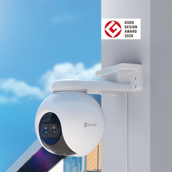 EZVIZ C8PF dual lens pan and tilt WiFi camera mounted on an outdoor wall