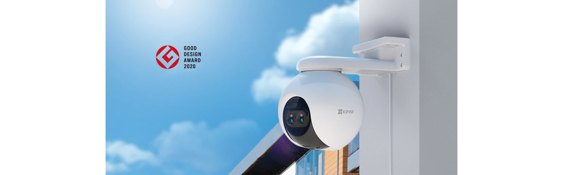 EZVIZ C8PF dual lens pan and tilt WiFi camera mounted on an outdoor wall