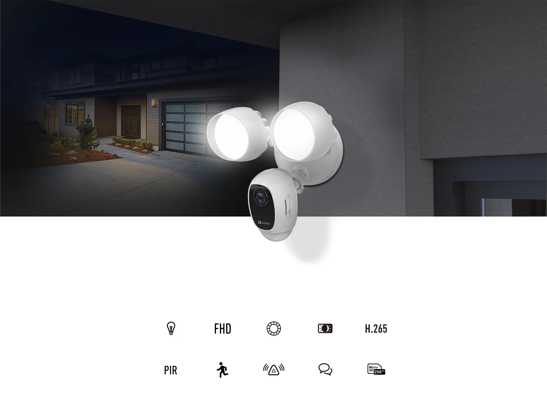 EZVIZ LC1C floodlight security camera mounted on an outdoor wall at night