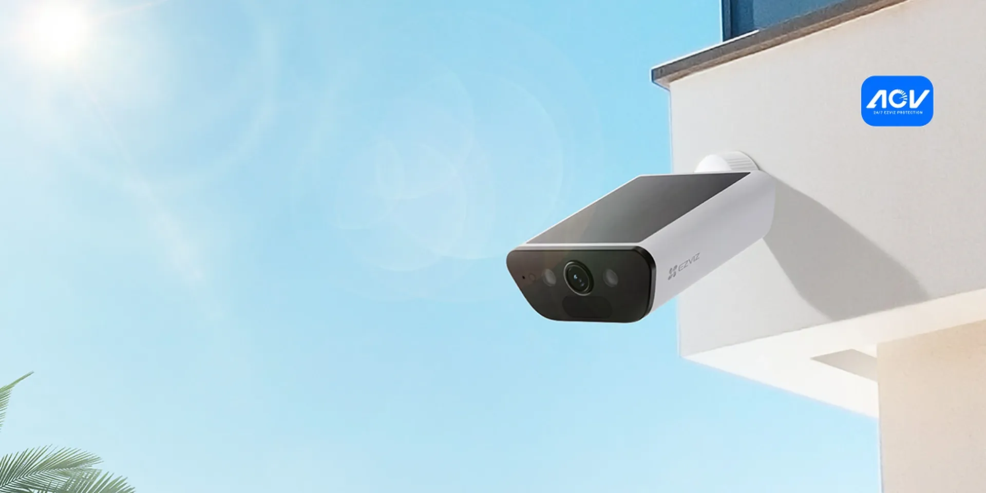 EZVIZ CB5 4K solar battery security camera with Type-C charging mounted on an outdoor wall