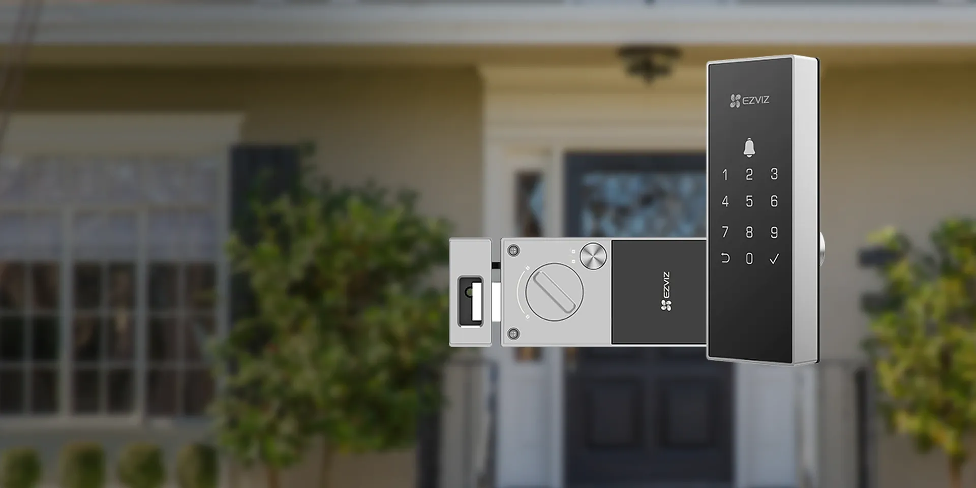 EZVIZ DL03 smart rim lock with keypad in front of a home entrance