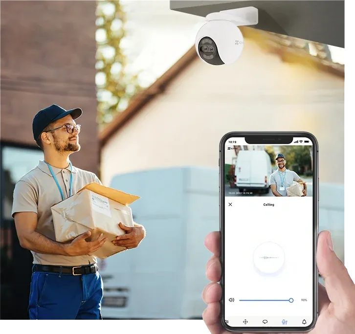 Delivery man answering the EZVIZ H80x Dual two-way talk call