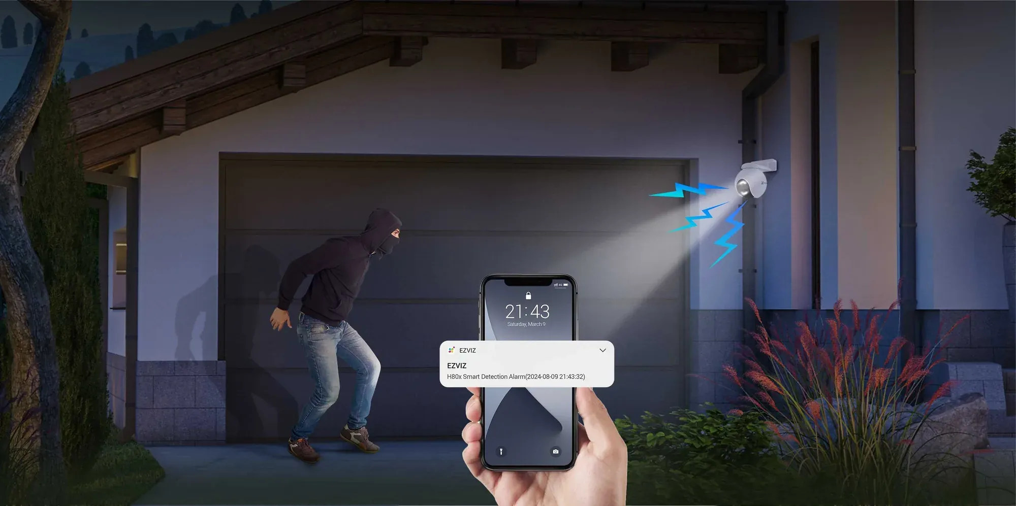 EZVIZ H80x Dual triggering siren and strobe light at an intruder with phone alert