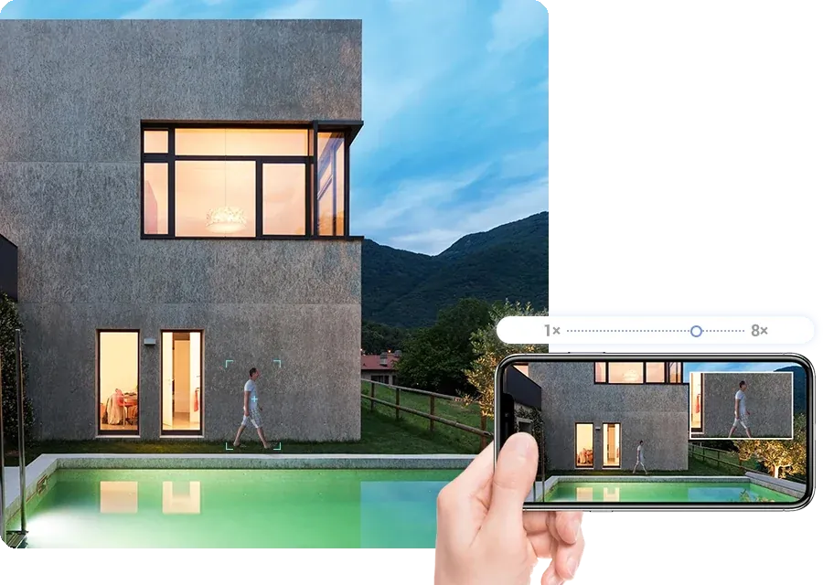 EZVIZ H80x Dual auto-zoom tracking a person beside a pool, shown in the EZVIZ app