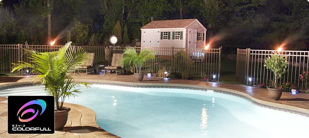 EZVIZ ColorFULL night vision showing a backyard pool in full color at night