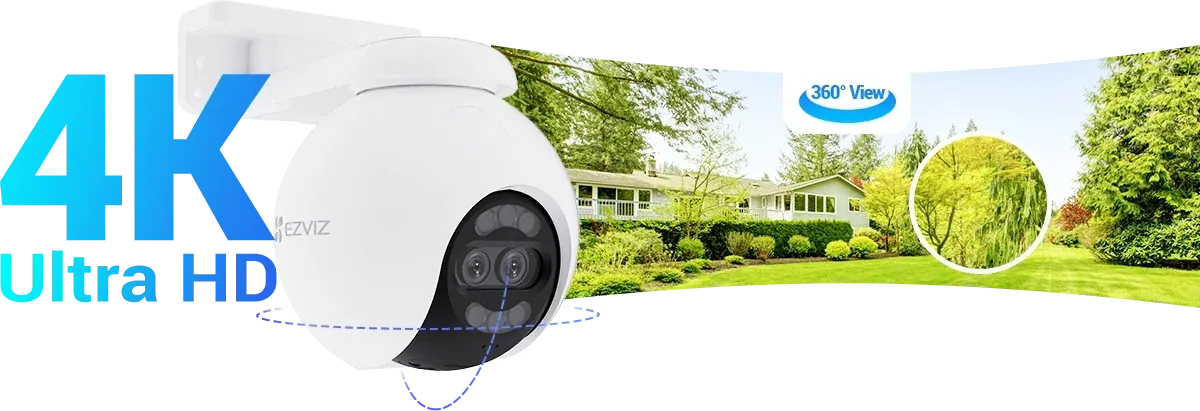EZVIZ H80x Dual 4K Ultra HD camera with 360 degree panoramic view of a garden