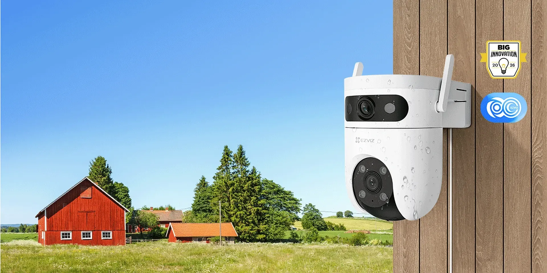 EZVIZ H9c Dual 4G 3K & 3K dual-lens pan and tilt 4G and Wi-Fi camera mounted on a wooden wall