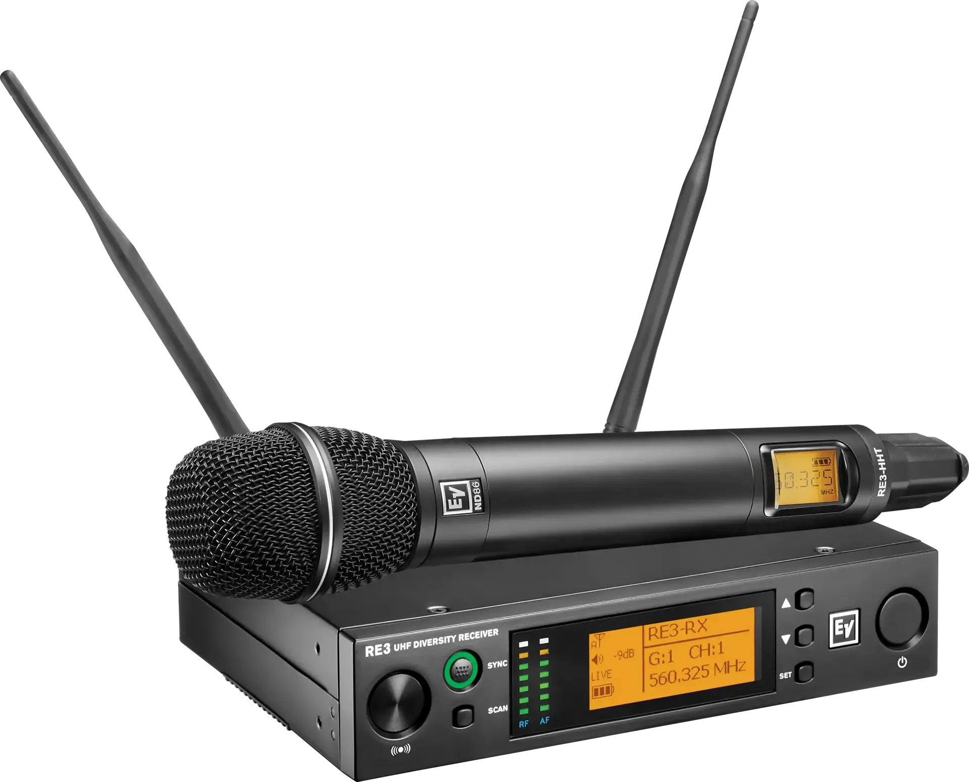Electro-Voice RE3 UHF wireless system with ND86 handheld transmitter and diversity receiver