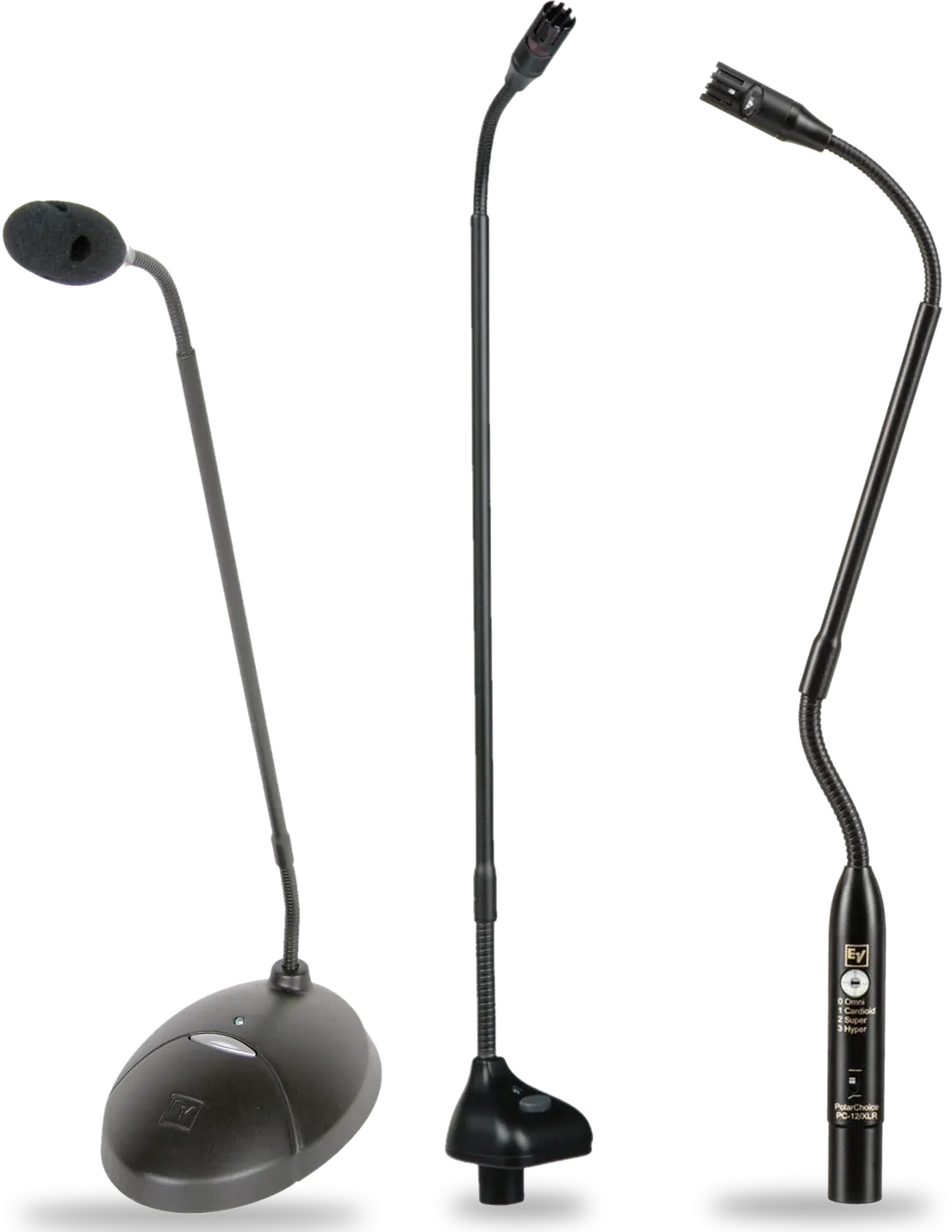 Electro-Voice PolarChoice gooseneck microphones: desktop base, PolarChoice-18+ and 18-inch XLR models