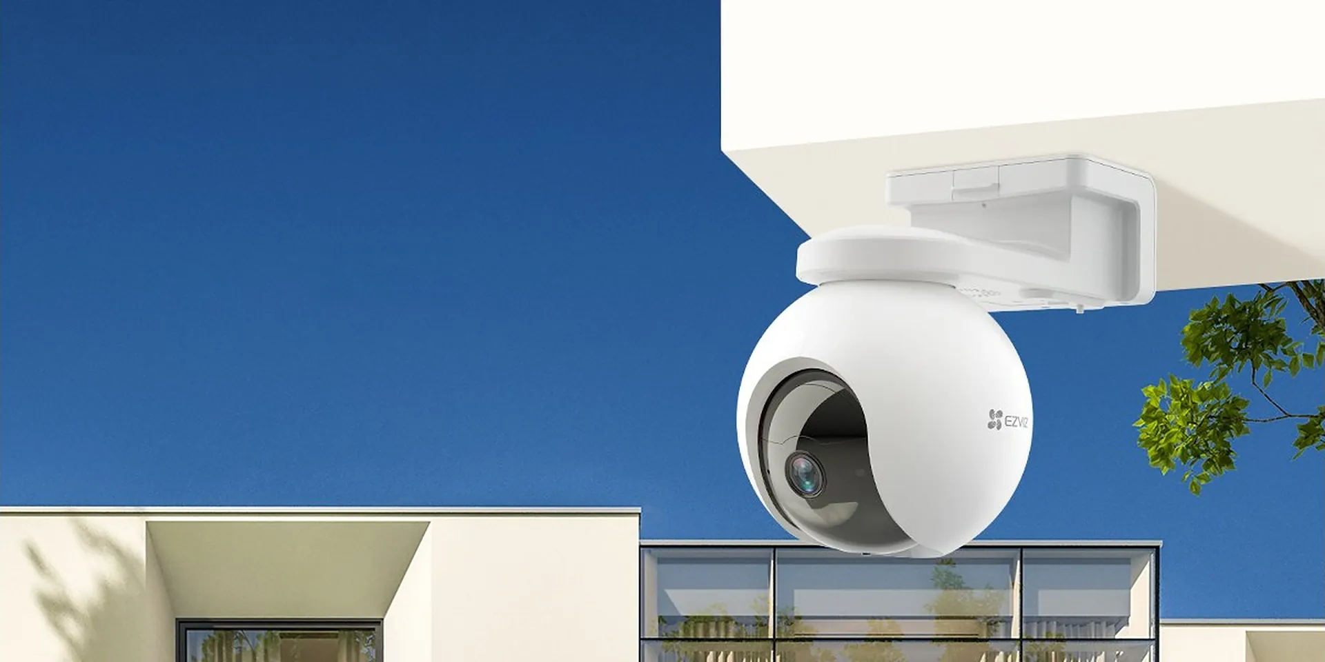 EZVIZ CB8 2K battery-powered pan and tilt Wi-Fi camera mounted under a roof