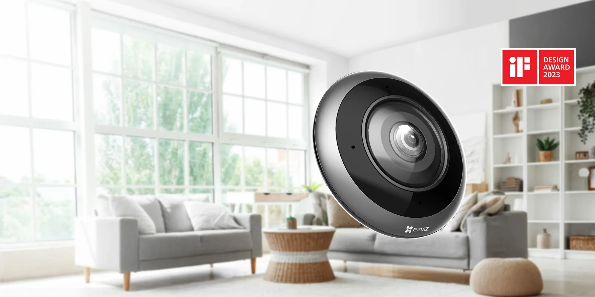 EZVIZ E4p 6MP 3K+ panoramic fisheye camera with a living room behind it