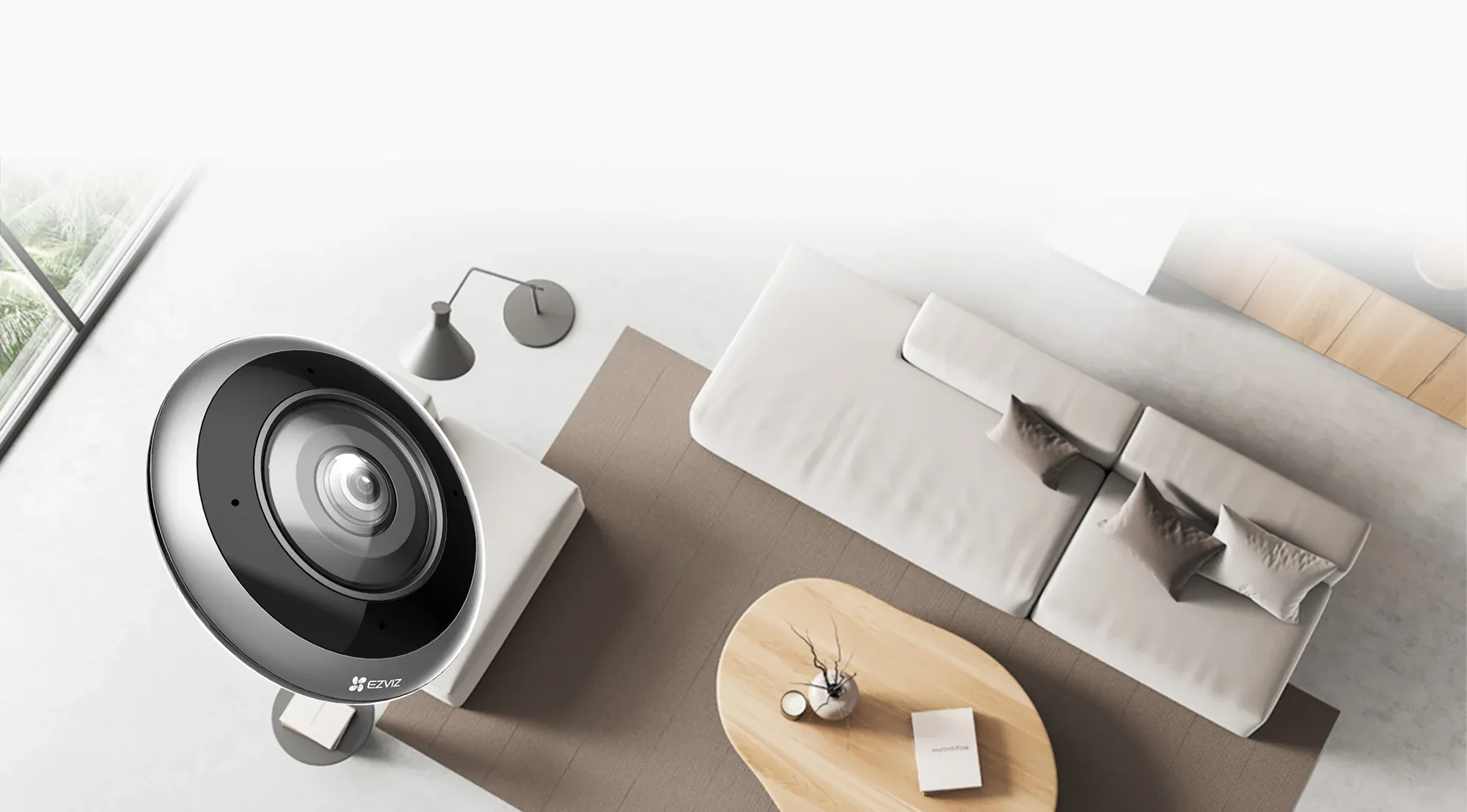 EZVIZ E4p fisheye camera covering a whole living room in 360 degrees