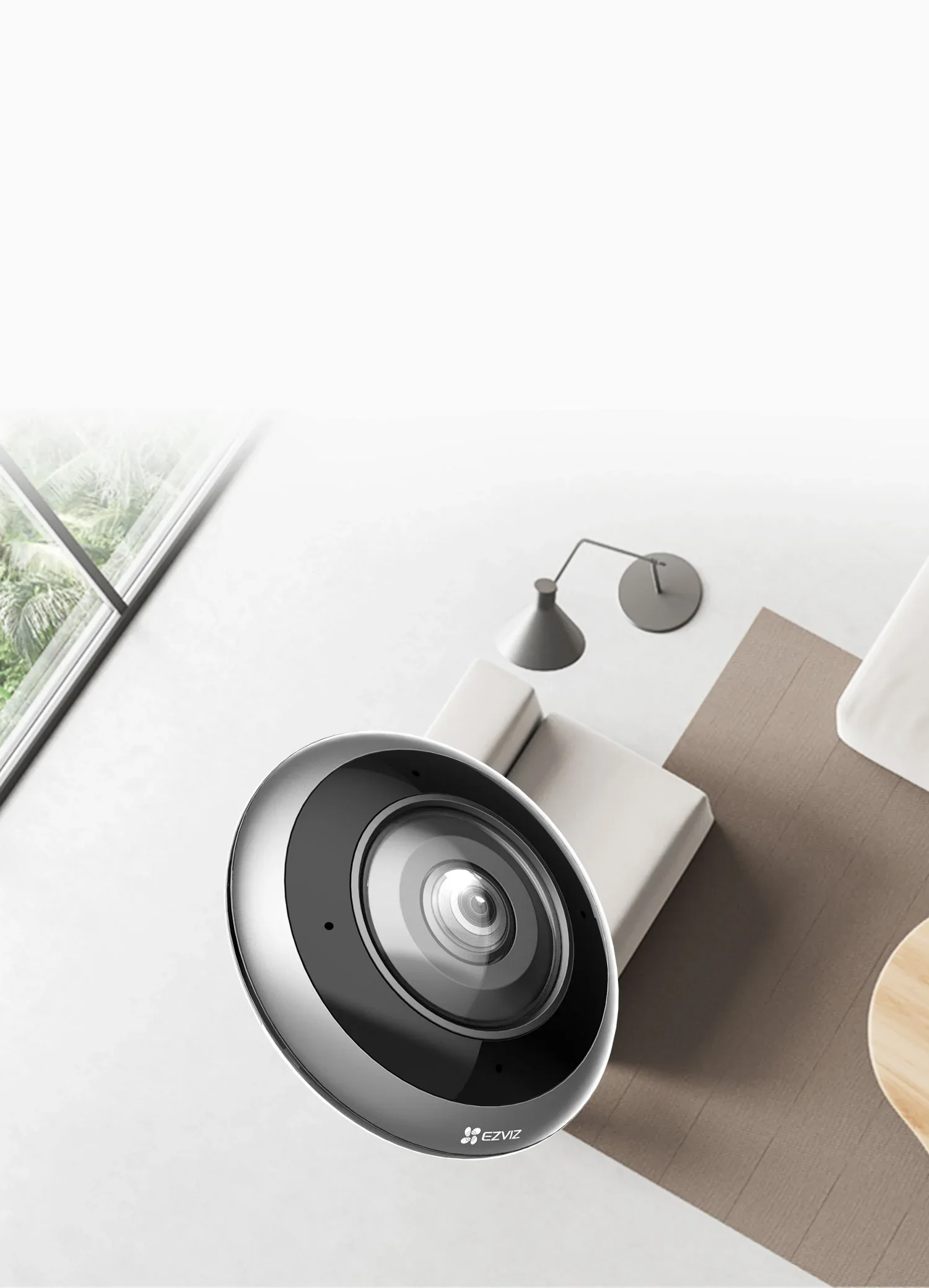 EZVIZ E4p fisheye camera covering a whole living room in 360 degrees