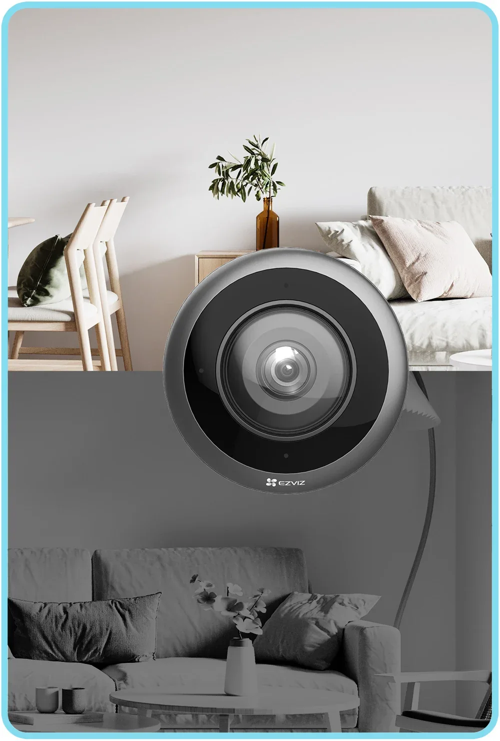 EZVIZ E4p day view and infrared night view of the same room