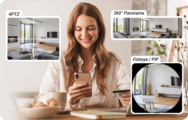EZVIZ app showing the E4p panoramic, fisheye and split-screen views
