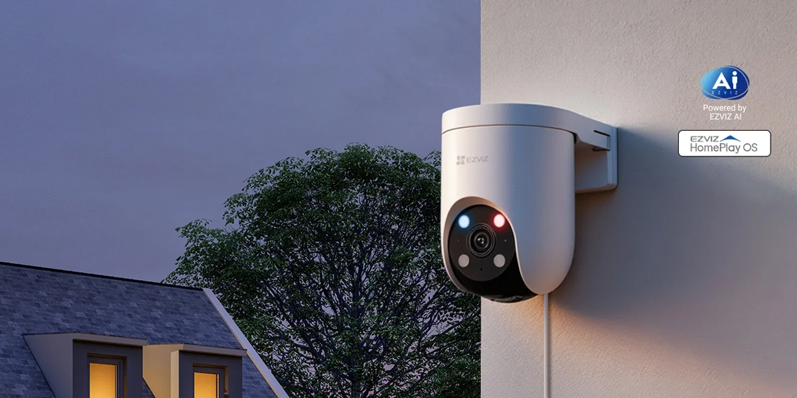 EZVIZ H8c Pro 3K 5MP pan and tilt Wi-Fi camera on an outside wall at dusk