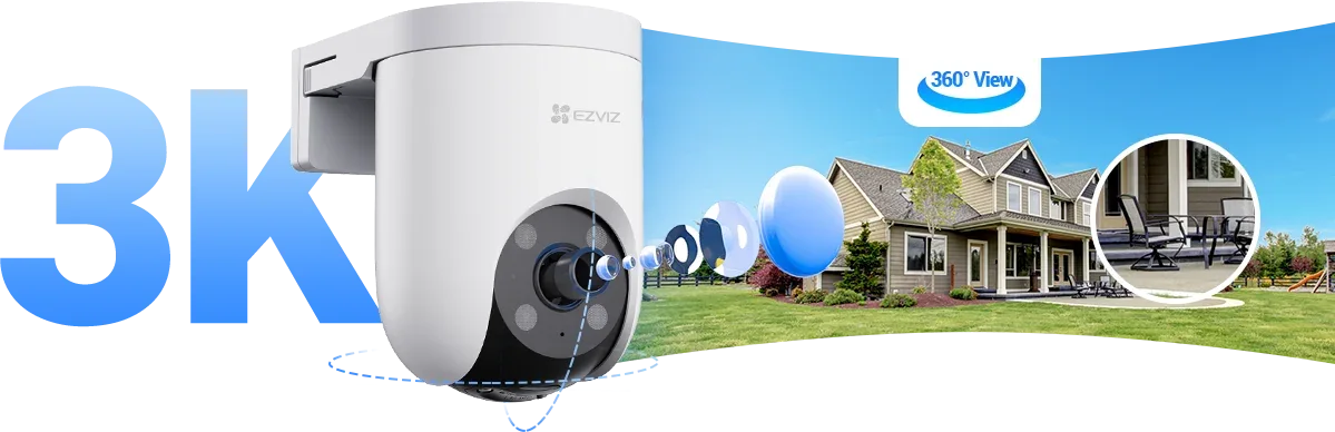 EZVIZ H8c Pro 5MP 3K camera with a 360 degree view of a house
