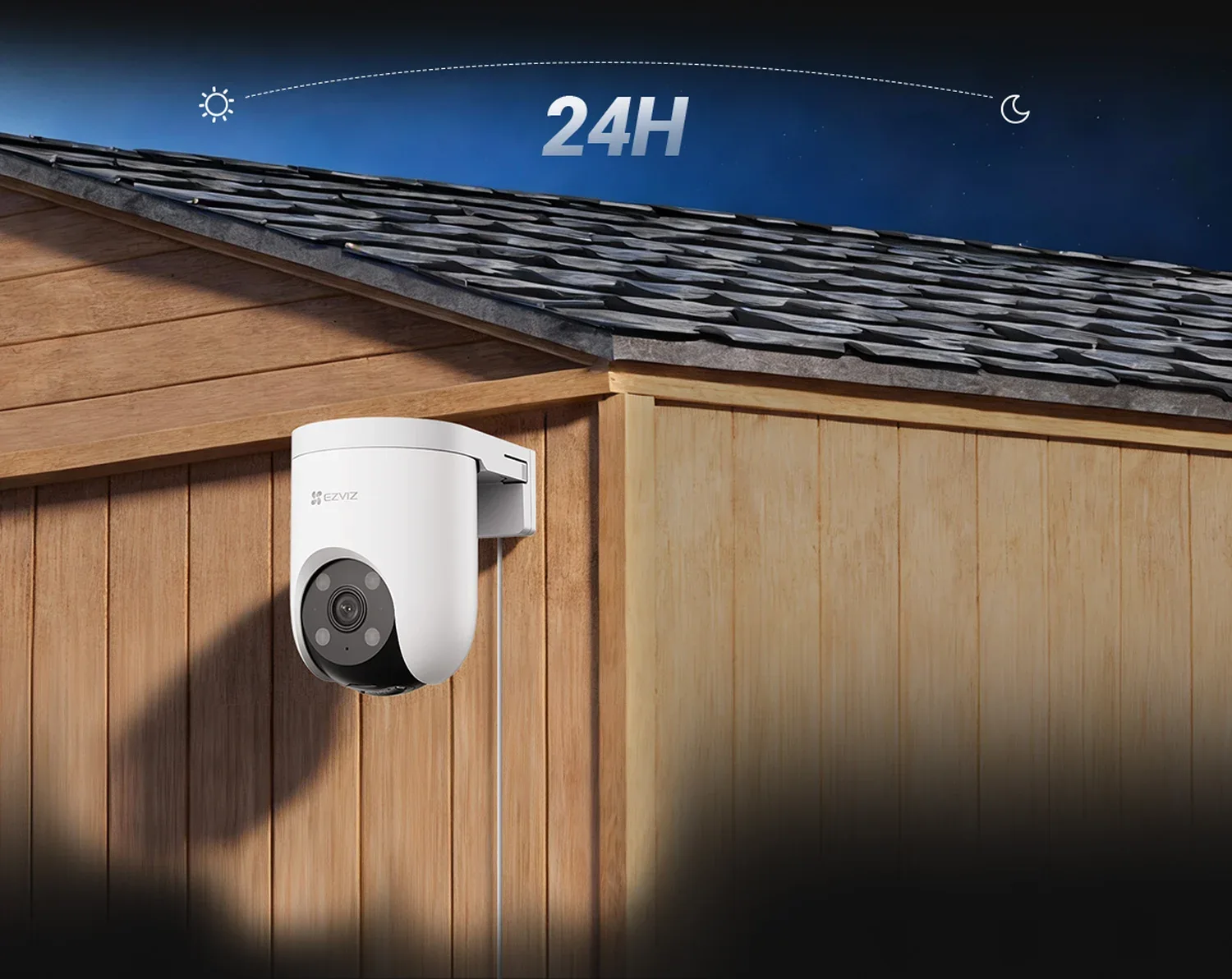 EZVIZ H8c Pro 4G on a wooden cabin, recording 24 hours a day