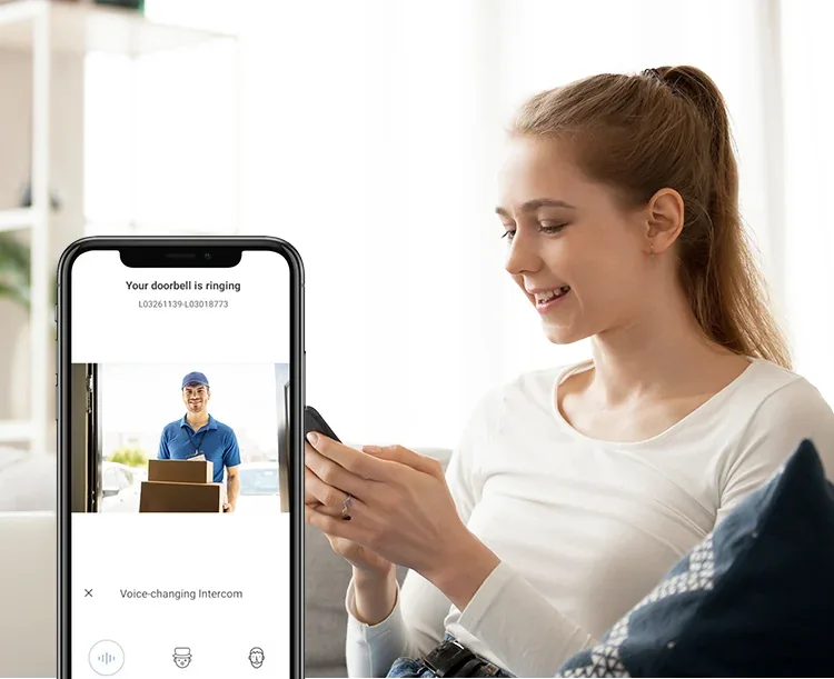 Woman answering the EZVIZ HP5 doorbell on her phone with the voice-changing intercom