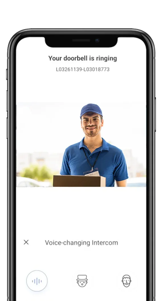 EZVIZ app on a phone showing a delivery rider at the door with the voice-changing intercom