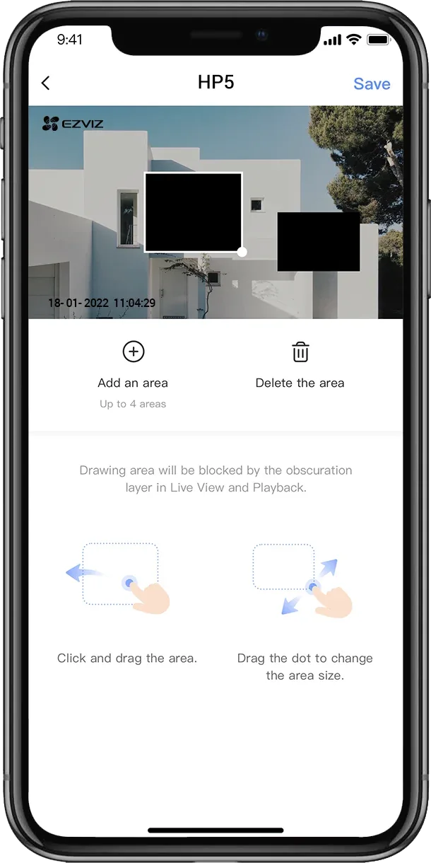 EZVIZ app privacy zone settings masking parts of the HP5 camera view