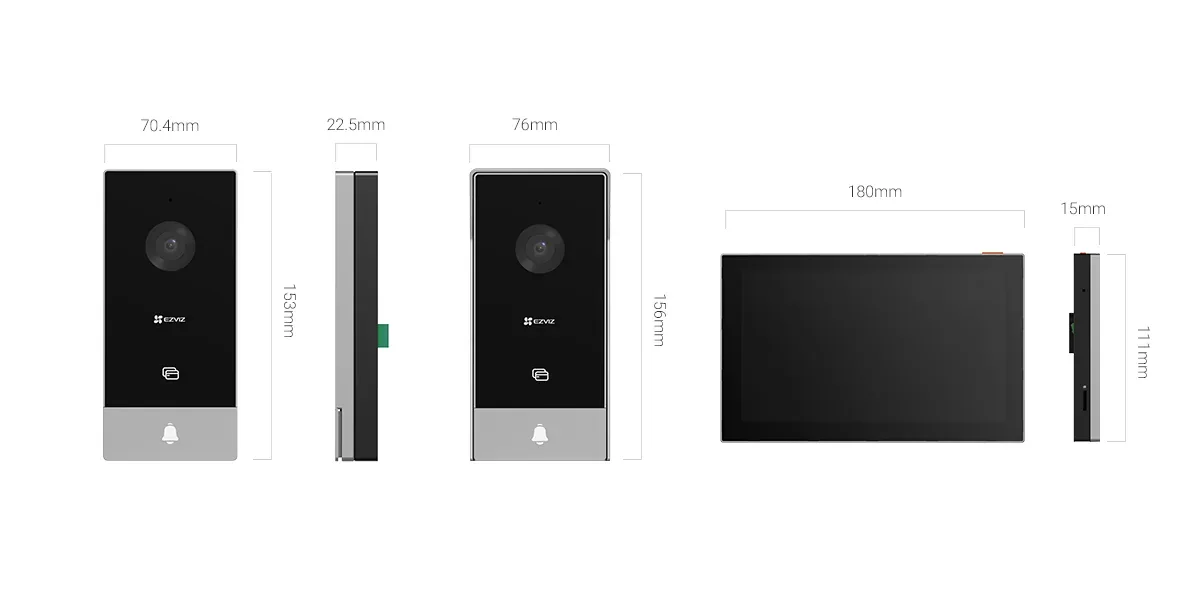 EZVIZ HP5 dimensions: outdoor panel 153 x 70.4 x 22.5 mm, indoor monitor 180 x 111 x 15 mm