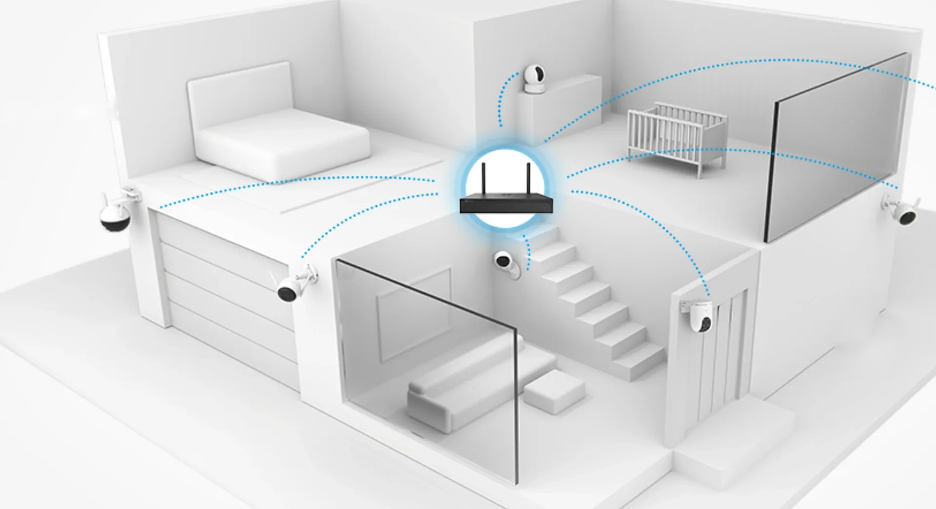 EZVIZ X5S NVR connected to Wi-Fi cameras around a home