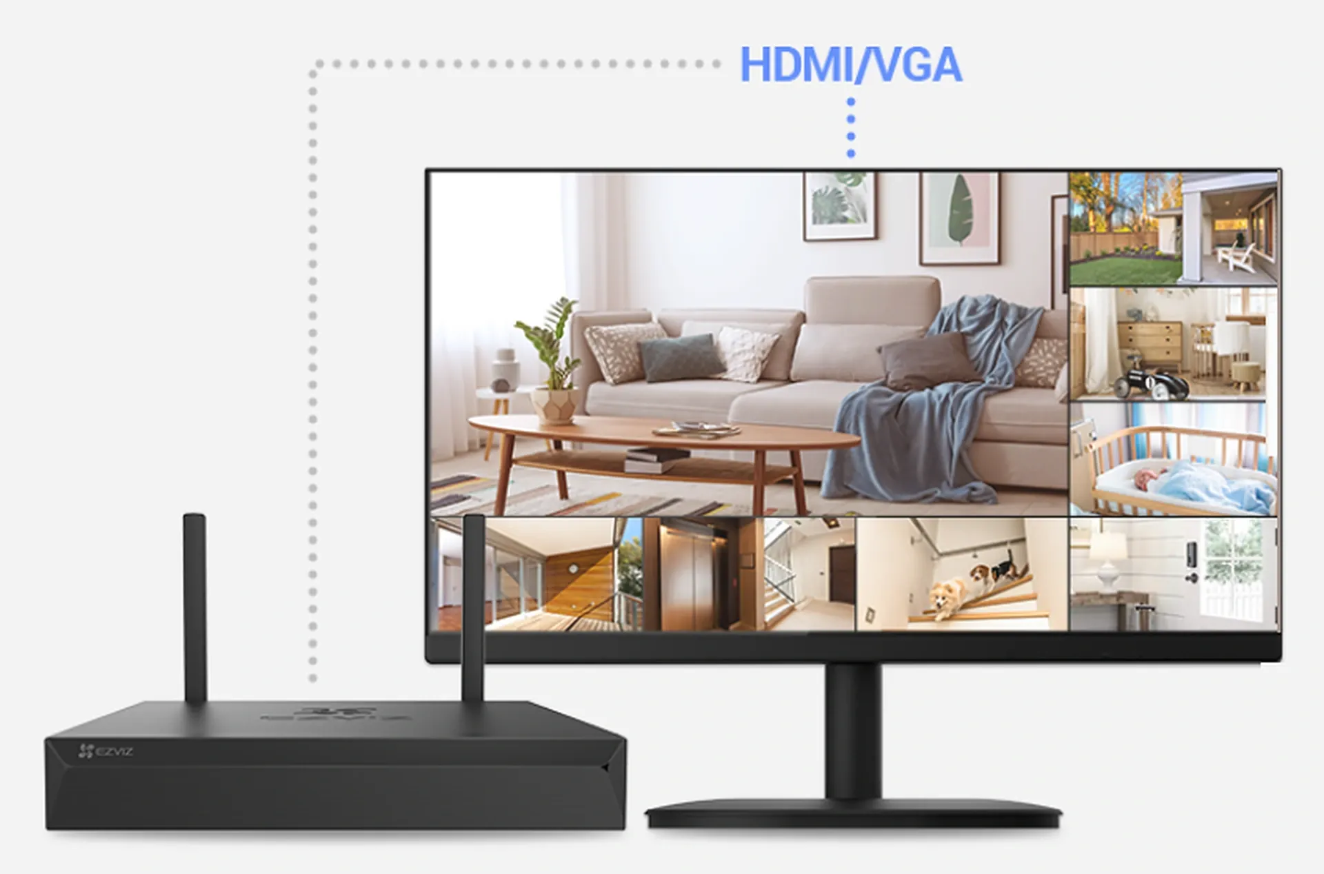 EZVIZ X5S NVR connected to a monitor showing multiple camera views over HDMI/VGA