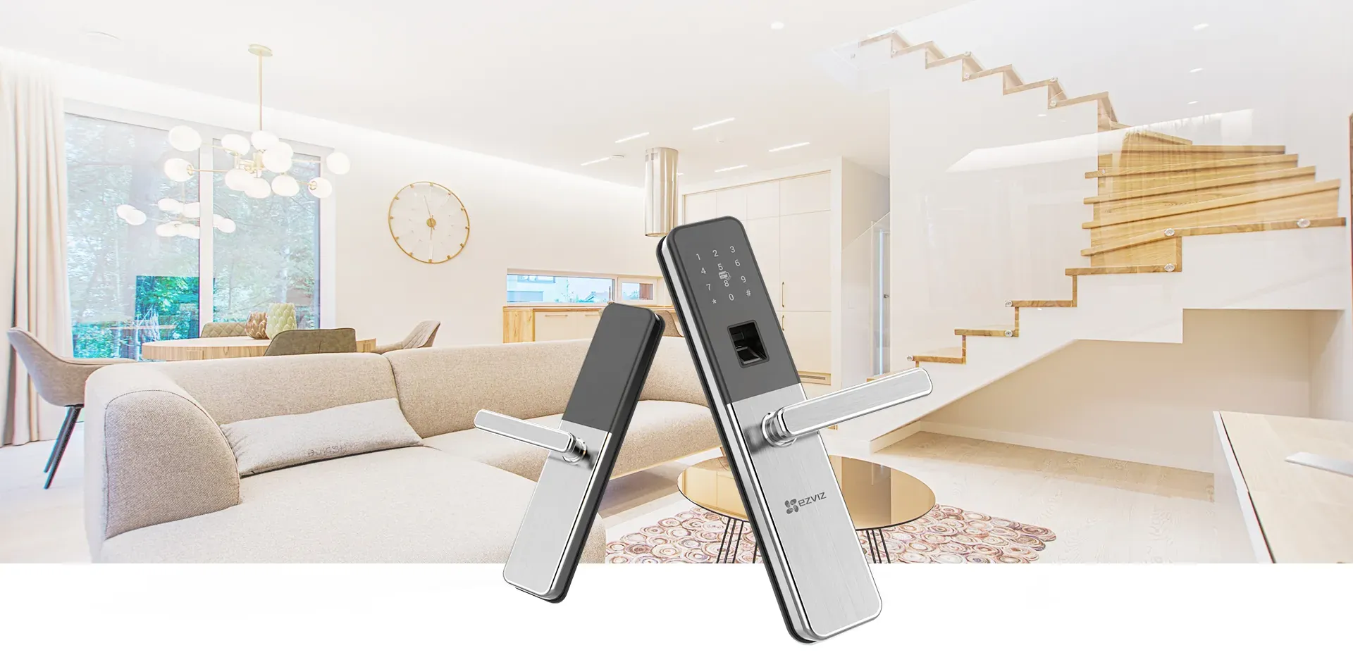 EZVIZ DL10 fingerprint smart door lock in stainless steel, inside and outside panels, in a modern living room