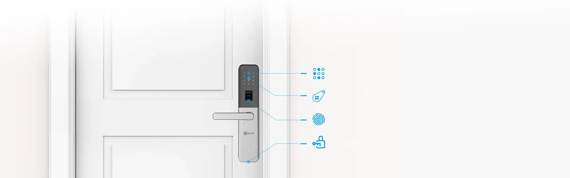 EZVIZ DL10 on a white door showing PIN, RFID card, fingerprint and key unlocking