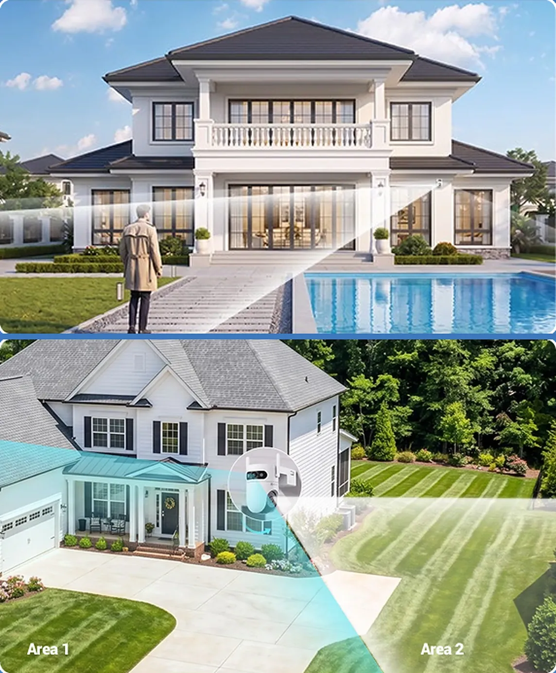 EZVIZ HB9c dual lenses combining into one wide, clear view of a house and pool
