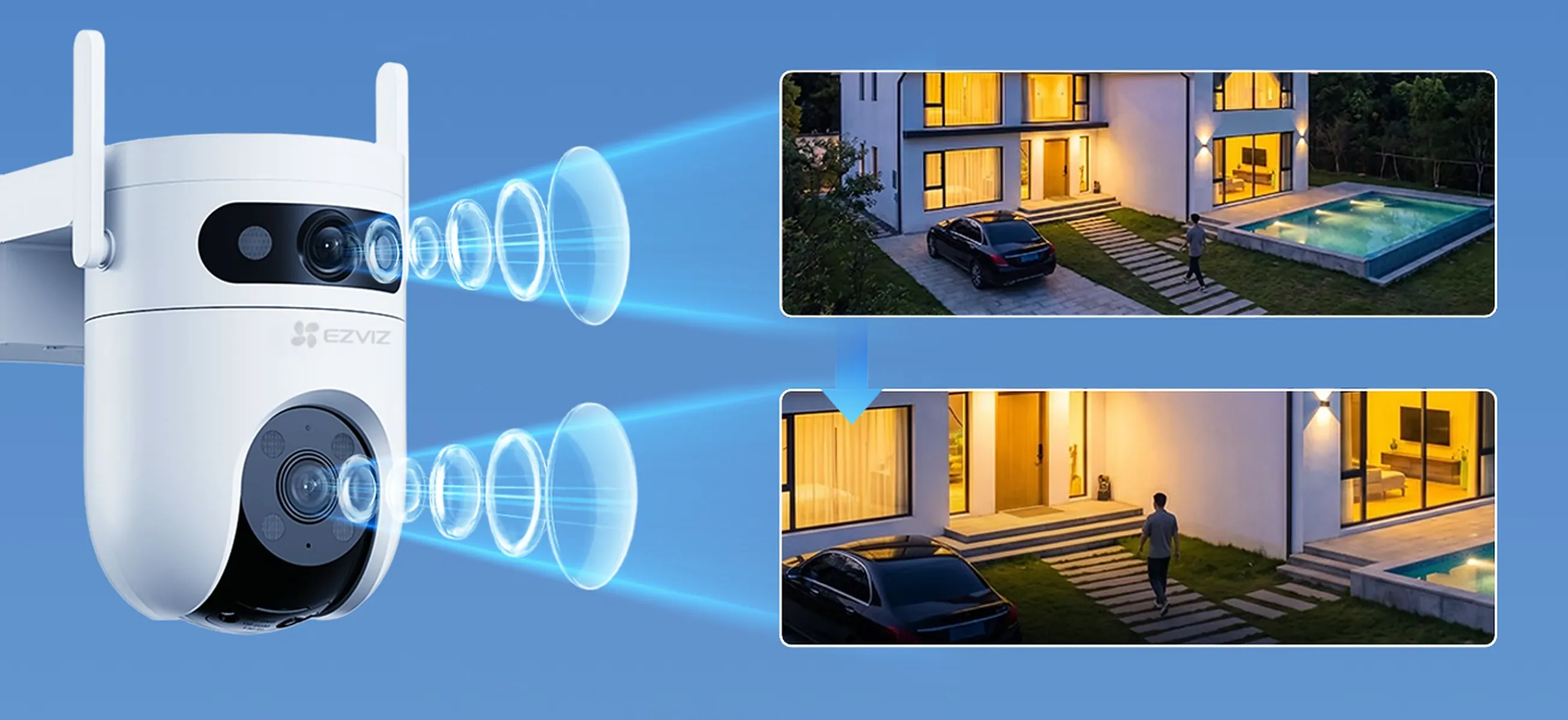 EZVIZ HB9c dual lenses showing an F/2.8 mm wide-angle view and an F/6 mm close-up view with 4x mixed zoom