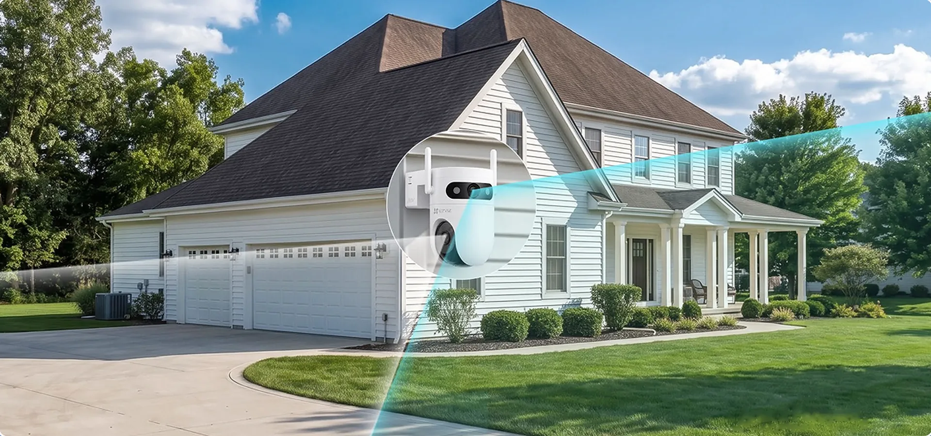 EZVIZ HB9c dual lenses covering the garage and the front yard of a house at the same time