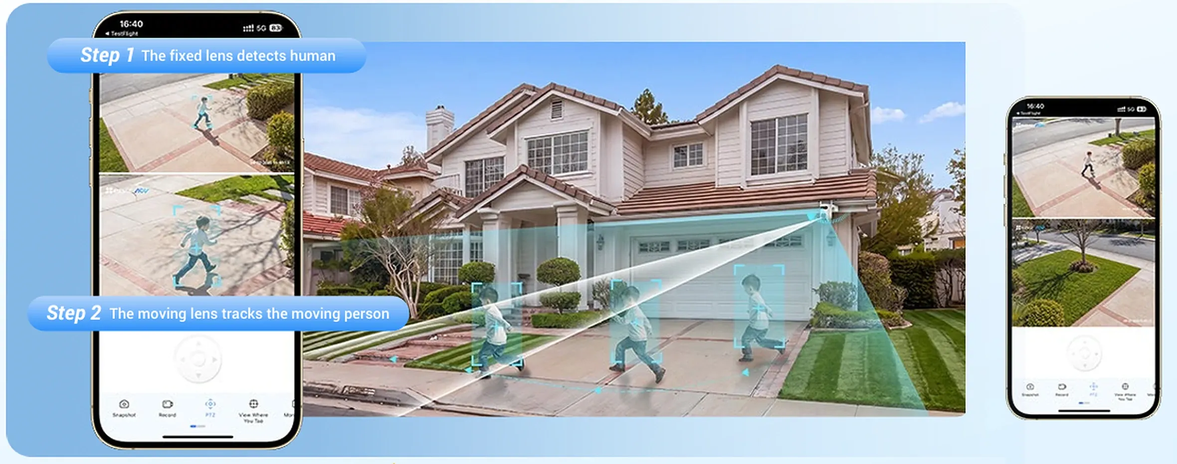 EZVIZ HB9c Dual co-detection: the fixed lens detects a person and the moving lens tracks them, shown on a phone next to another camera without co-detection