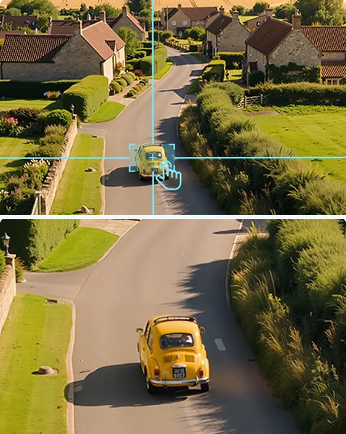 EZVIZ HB9c 2.8 mm wide-angle view of a village road with a tap on a yellow car