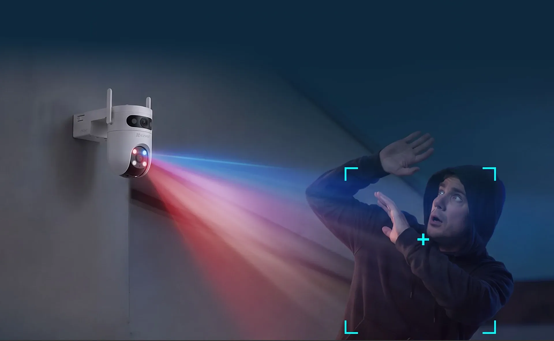 EZVIZ HB9c flashing red-blue warning light at an intruder detected by the camera