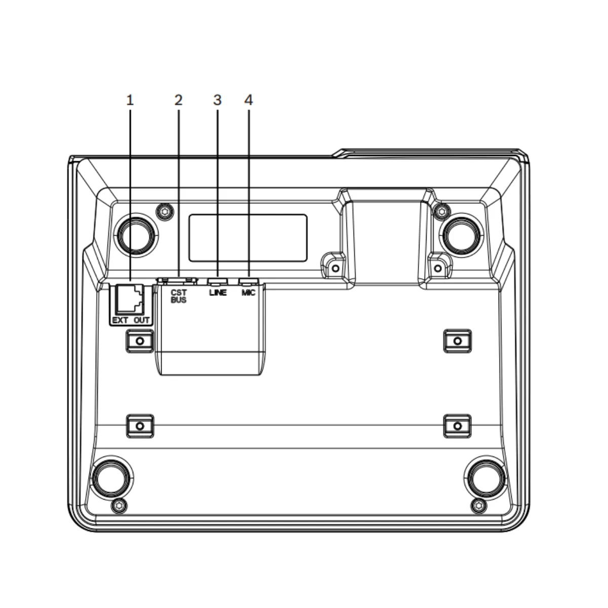 Bosch PVA-15ECS bottom view showing EXT OUT, CST BUS, LINE and MIC ports